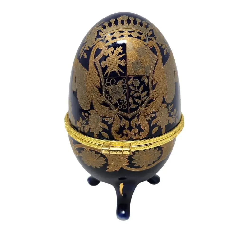 Vintage Cobalt Blue Gold Porcelain Decorative Trinket Faberge Egg Jewelry Box